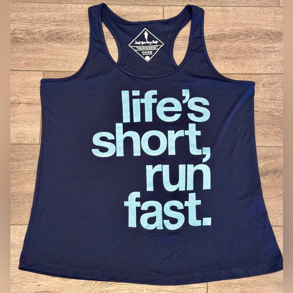 Sarah Marie Design Studio Size Large  Tank Top Lifes Short Run Fast Blue Shimmer